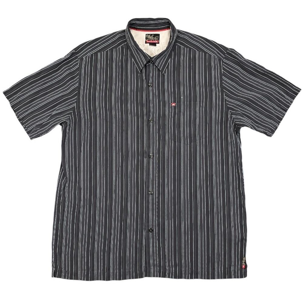 Vintage Quiksilver Mens Large L/G Shirt Striped Button Up Short Sleeve Black